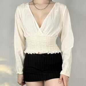 Vintage 90s Cream Cotton Top Ballon Sleeve Smocked